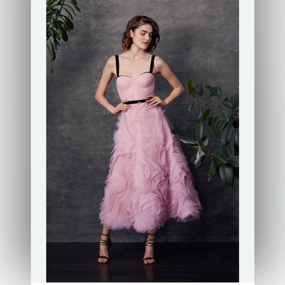 Marchesa Notte Blush and Black Tulle Gown Dress